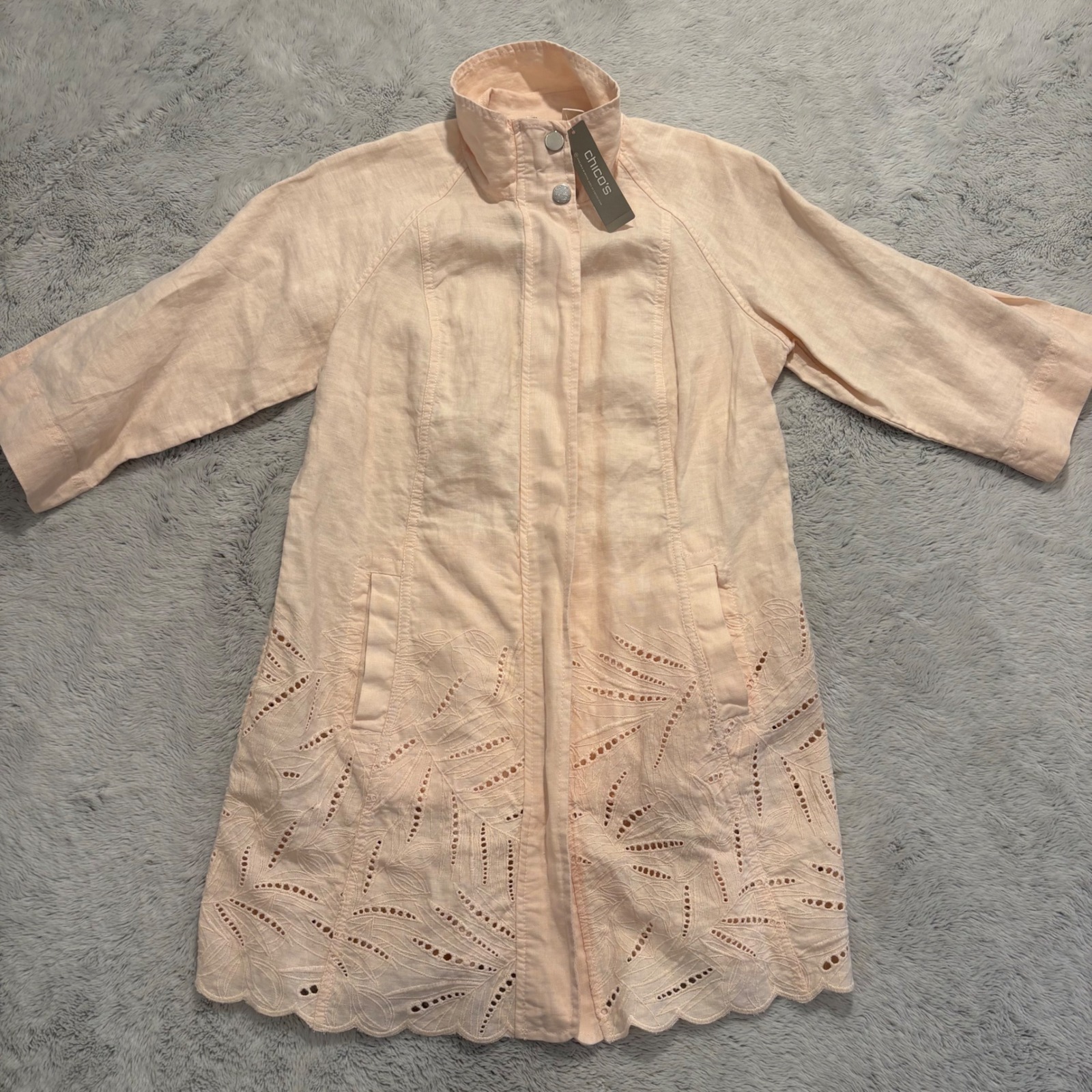 New Chicos 0 Linen Cutwork Jacket Topper Clam Shell Peach 3/4 Sleeve Sz 4/S